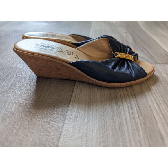 Rosetta Blue Wedge Slide Sandals Gold Embellished Size 36 Italy Made Rhinestone - Picture 4 of 5